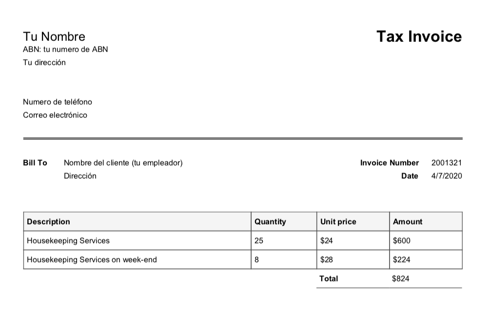 ejemplo de boleta o invoice para trabajar con ABN en Australia